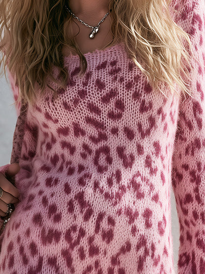 Stylish Lace Hem Pink Leopard-pattern Knit Mini Dress