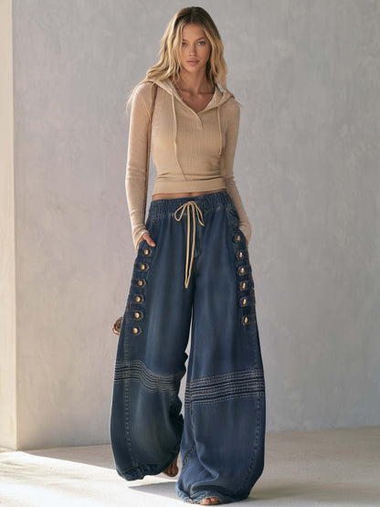 Boho Vintage Military Washed Blue Baggy Wide Leg Barrel Jeans Drawstring Elastic Waist