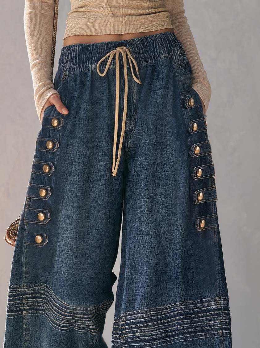 Boho Vintage Military Washed Blue Baggy Wide Leg Barrel Jeans Drawstring Elastic Waist