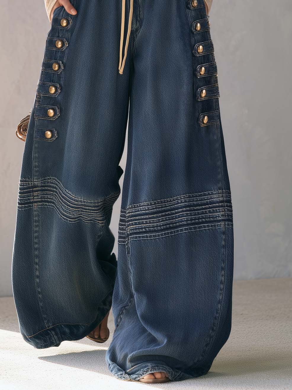 Boho Vintage Military Washed Blue Baggy Wide Leg Barrel Jeans Drawstring Elastic Waist