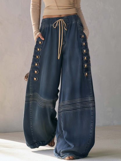 Boho Vintage Military Washed Blue Baggy Wide Leg Barrel Jeans Drawstring Elastic Waist