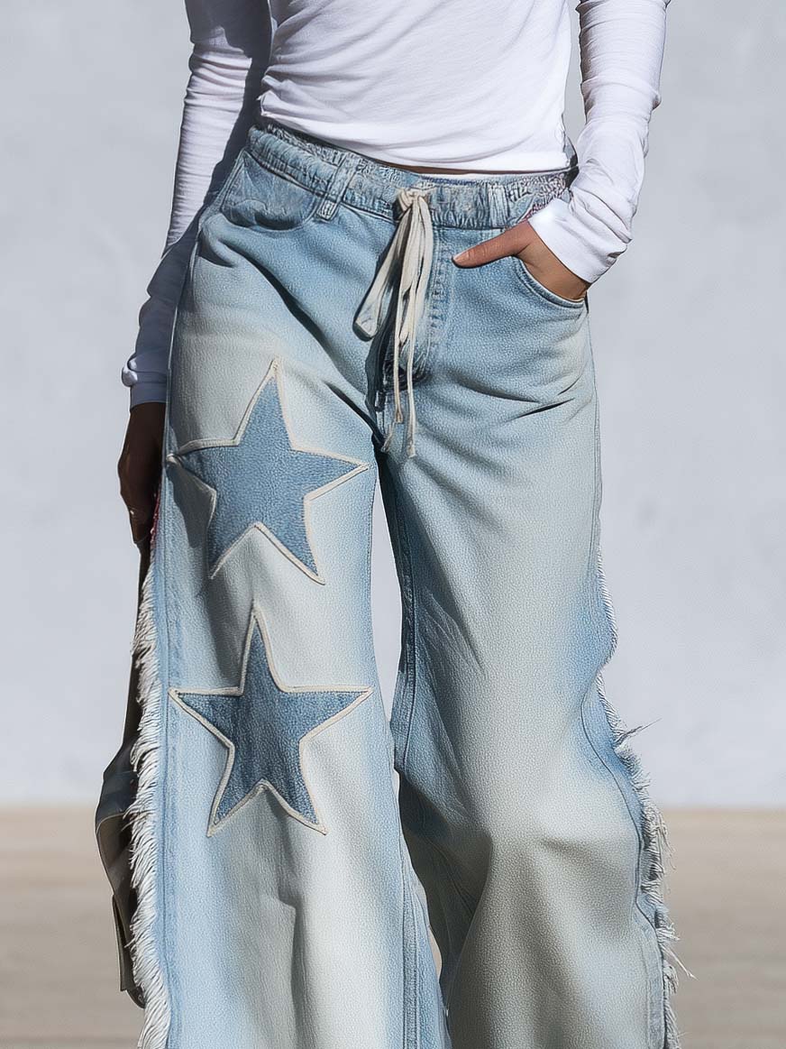 Western Vintage Star Patch Light Wash Fringe Wide Leg Jeans Drawstring Waist