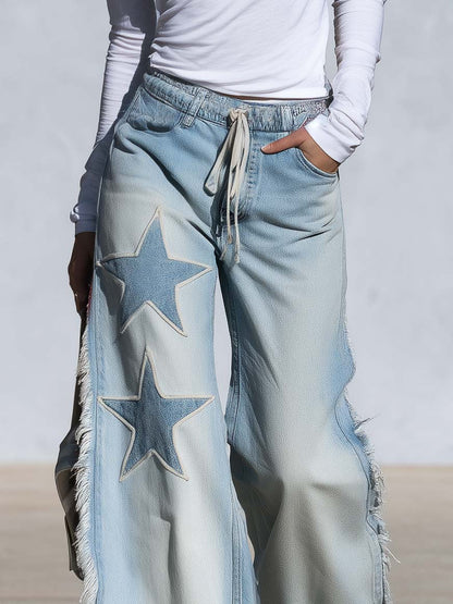 Western Vintage Star Patch Light Wash Fringe Wide Leg Jeans Drawstring Waist