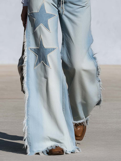Western Vintage Star Patch Light Wash Fringe Wide Leg Jeans Drawstring Waist