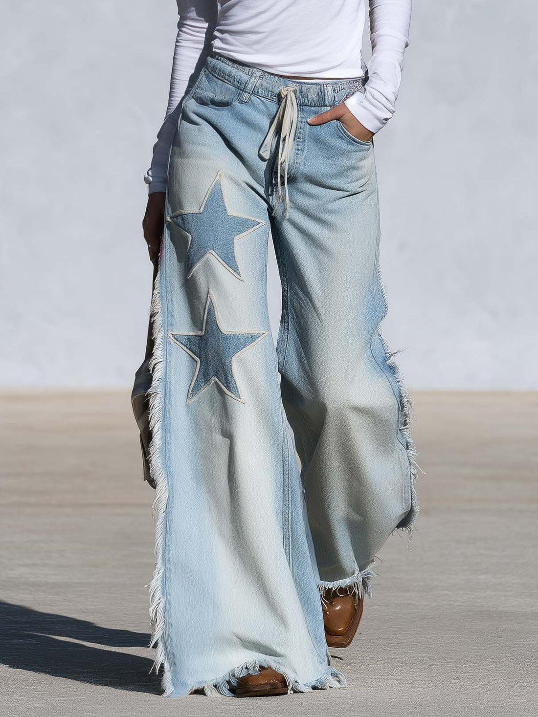 Western Vintage Star Patch Light Wash Fringe Wide Leg Jeans Drawstring Waist