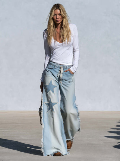 Western Vintage Star Patch Light Wash Fringe Wide Leg Jeans Drawstring Waist