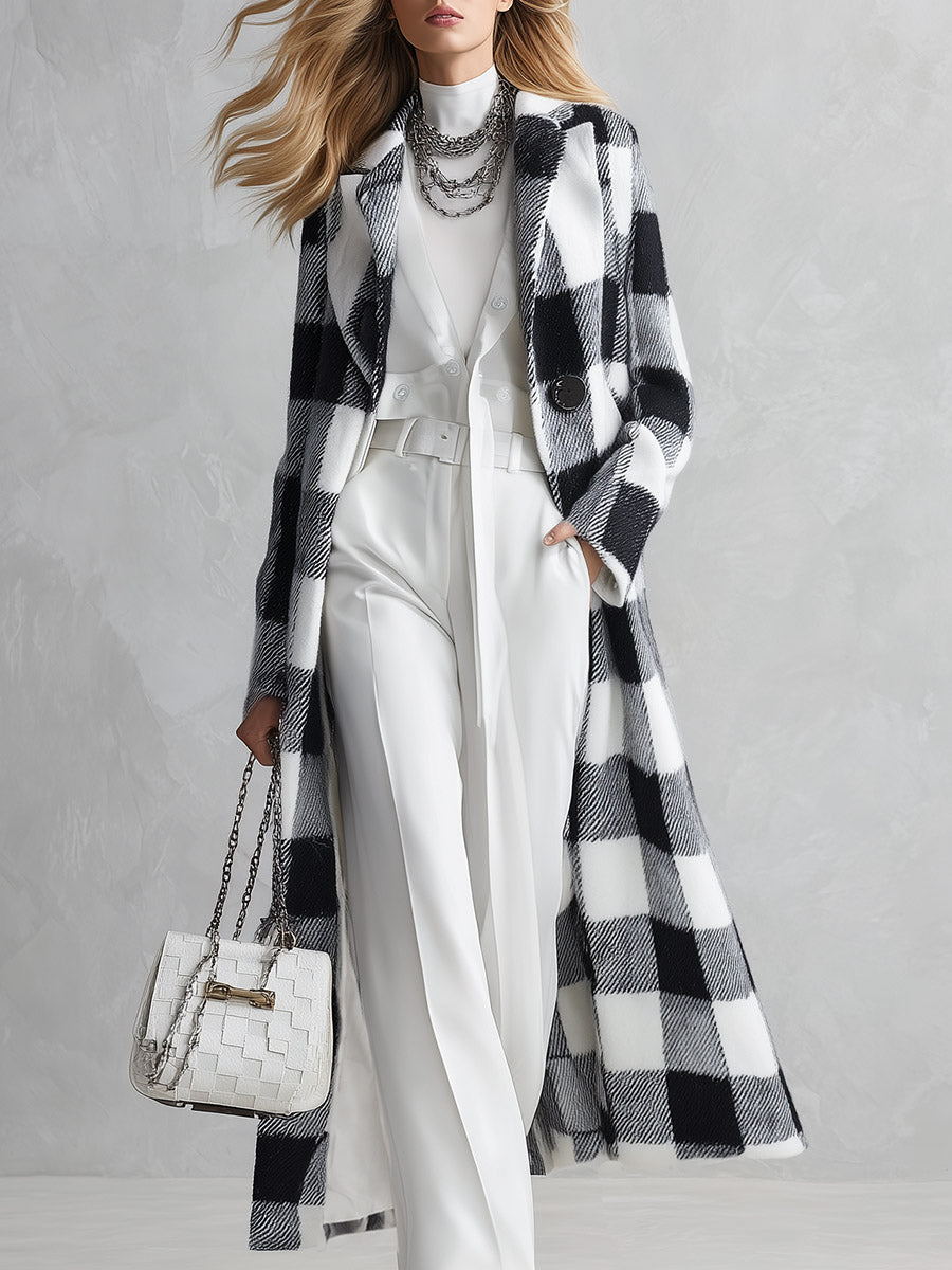 Classic Elegant Checked Lapel Coat