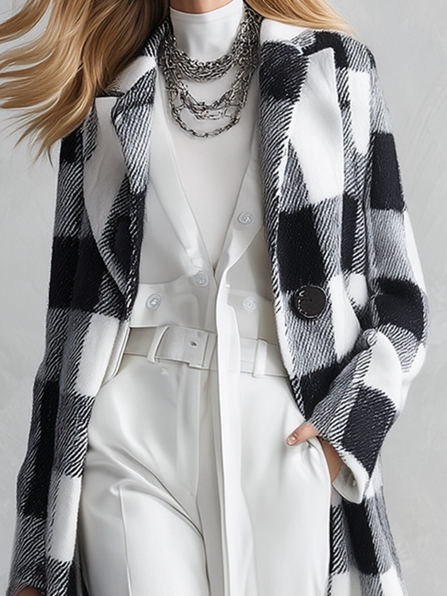 Classic Elegant Checked Lapel Coat