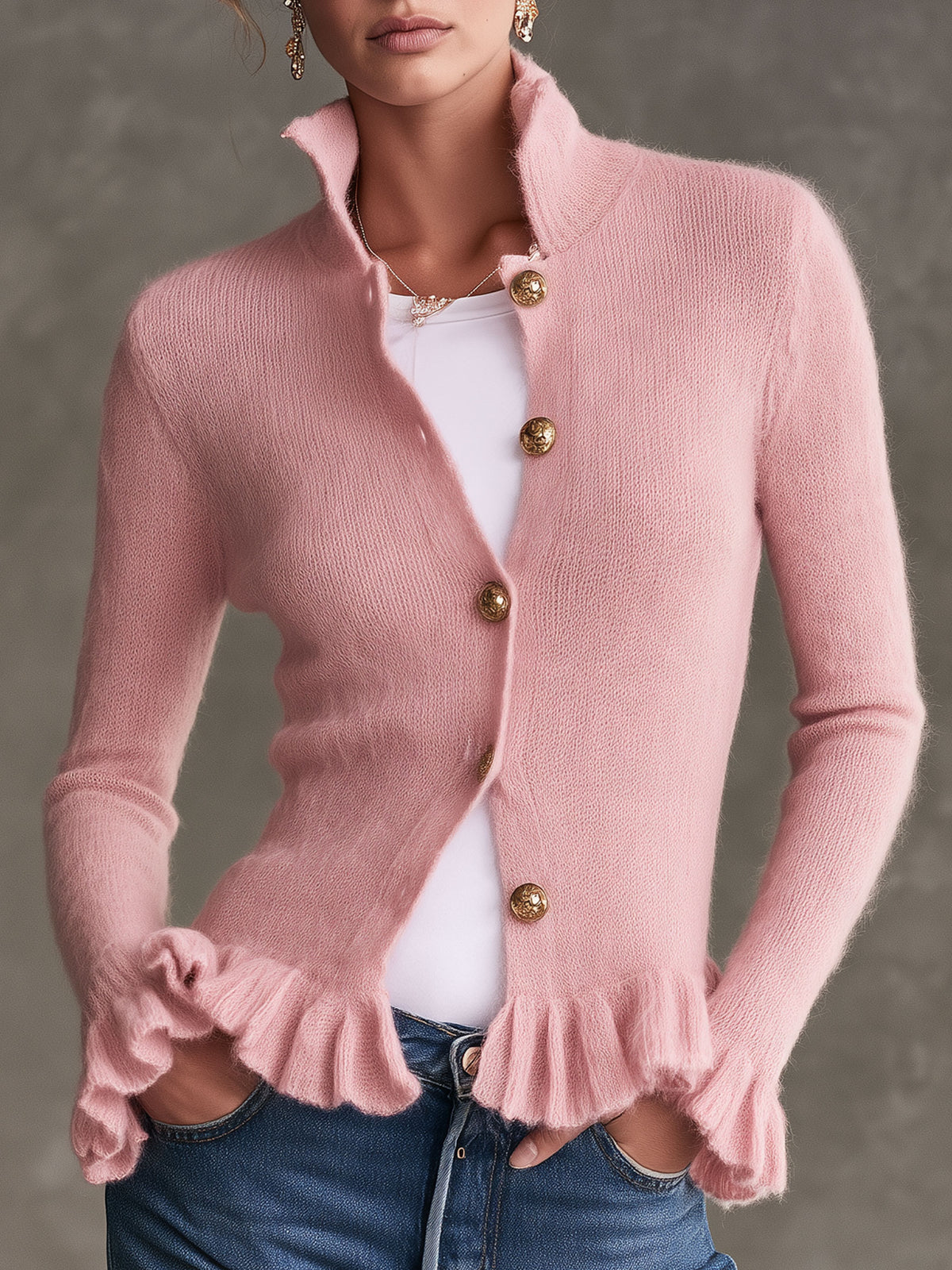 Elegant And Simple Button-down Ruffled Pink Mohair Knit Cardigan