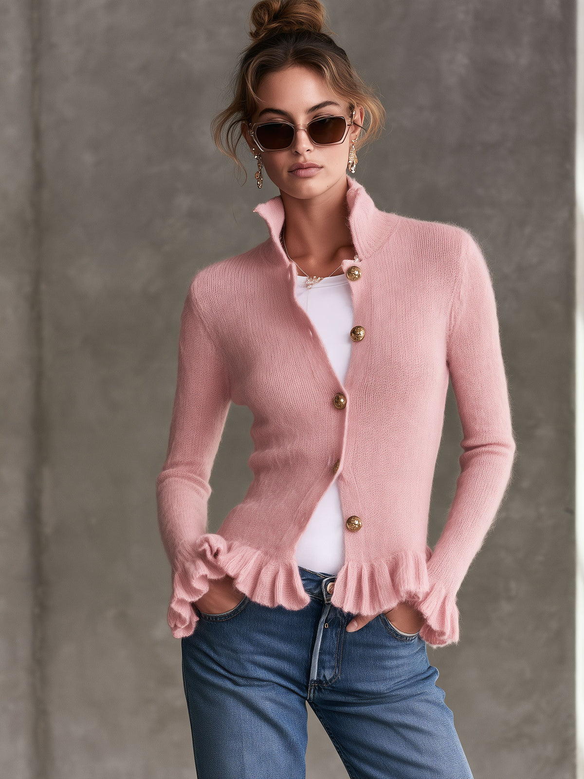 Elegant And Simple Button-down Ruffled Pink Mohair Knit Cardigan