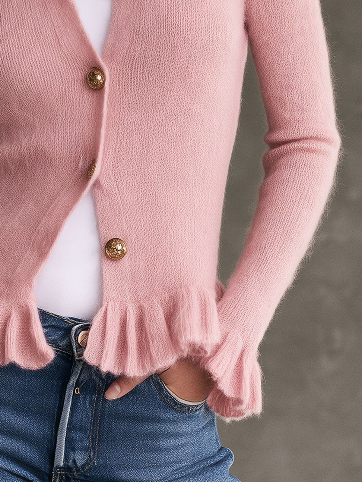 Elegant And Simple Button-down Ruffled Pink Mohair Knit Cardigan