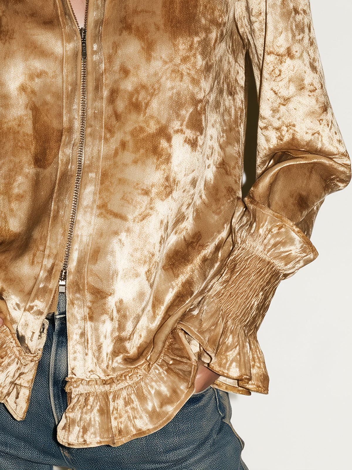 Elegant Retro Deer Print Champagne-colored Velvet Ruffled Long-sleeved Shirt