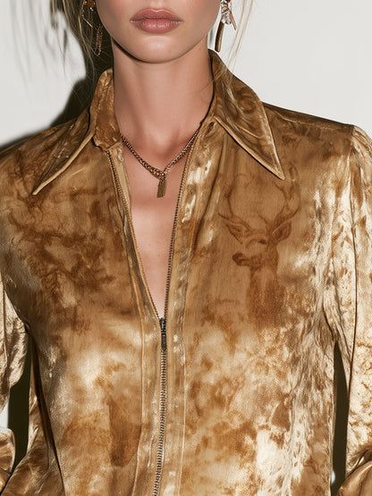 Elegant Retro Deer Print Champagne-colored Velvet Ruffled Long-sleeved Shirt