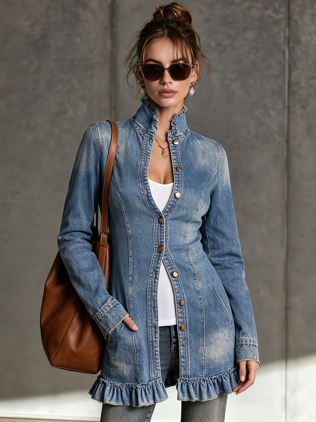 Casual Retro Ruffled Washed Blue Denim Jacket