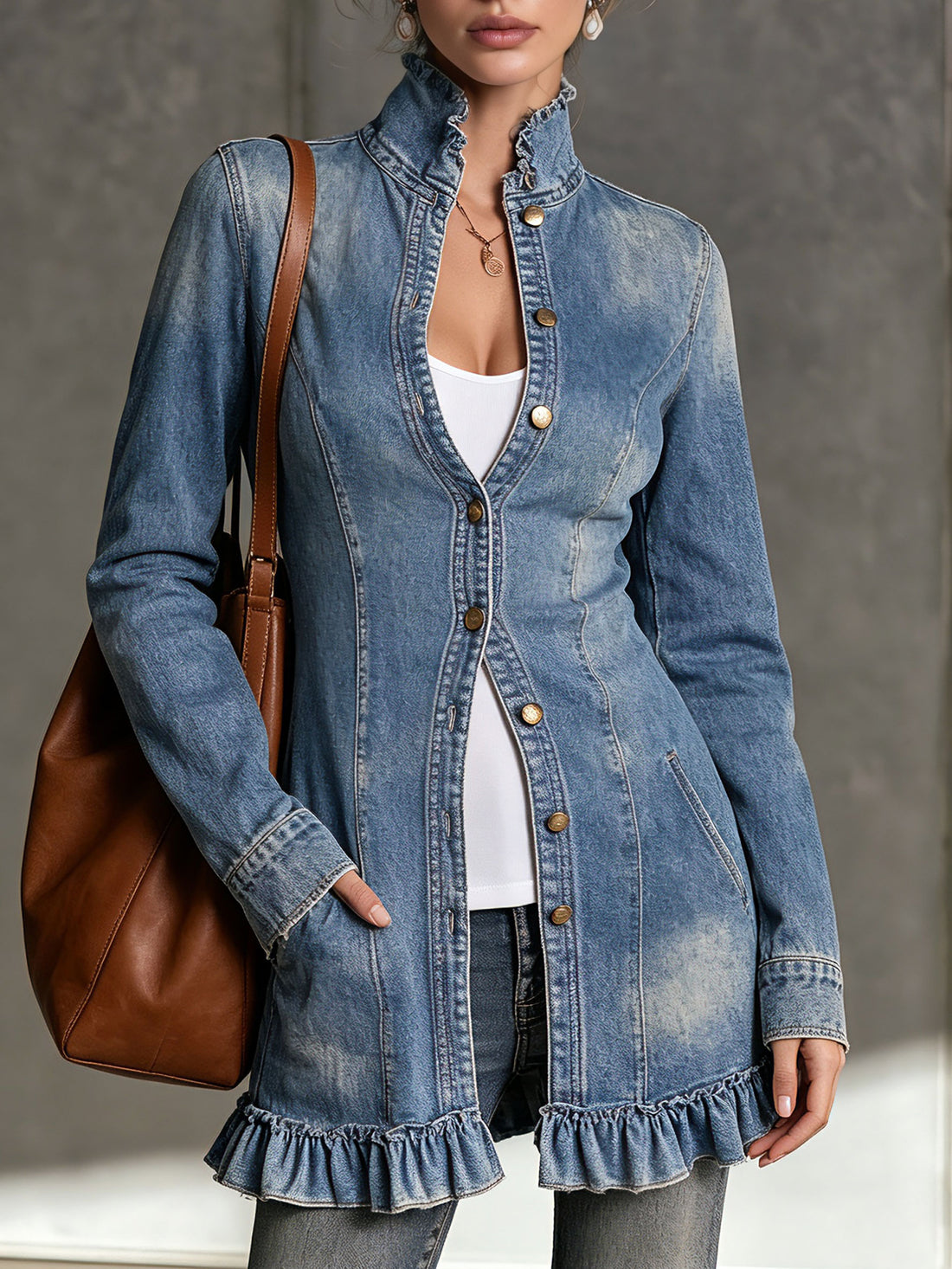Casual Retro Ruffled Washed Blue Denim Jacket