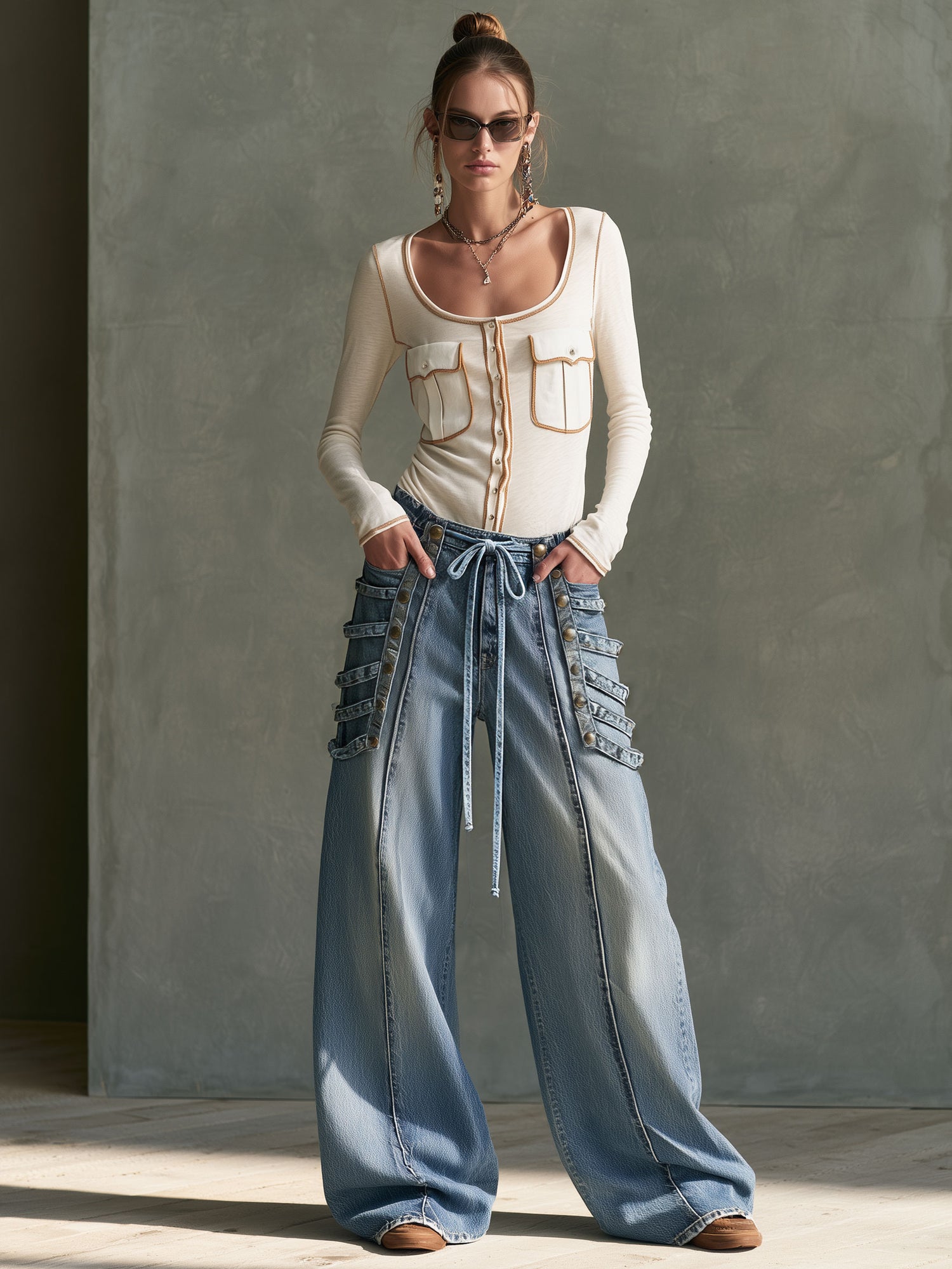 Military-style Retro Studded Lace-up Washed Blue Jeans