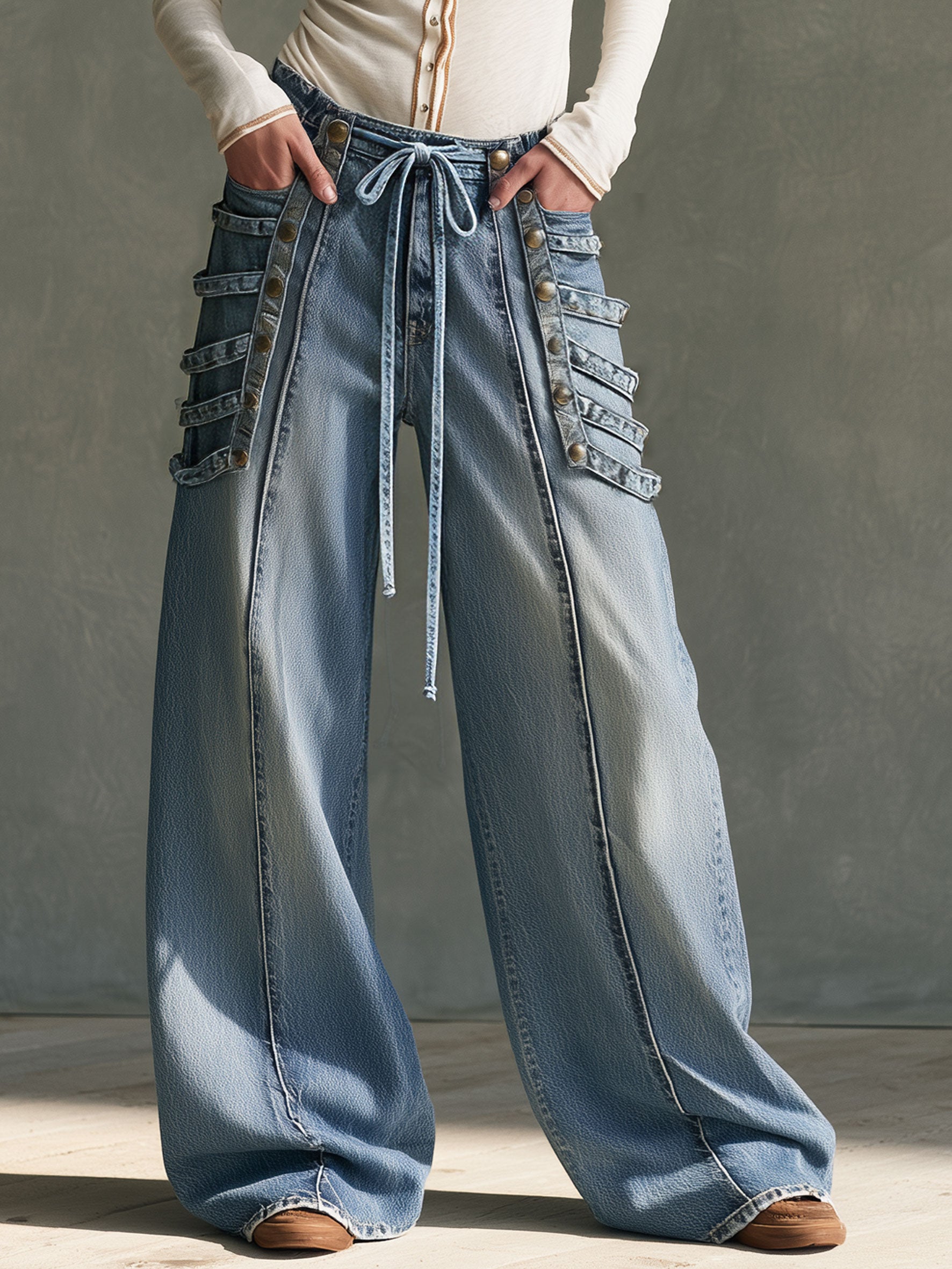 Military-style Retro Studded Lace-up Washed Blue Jeans