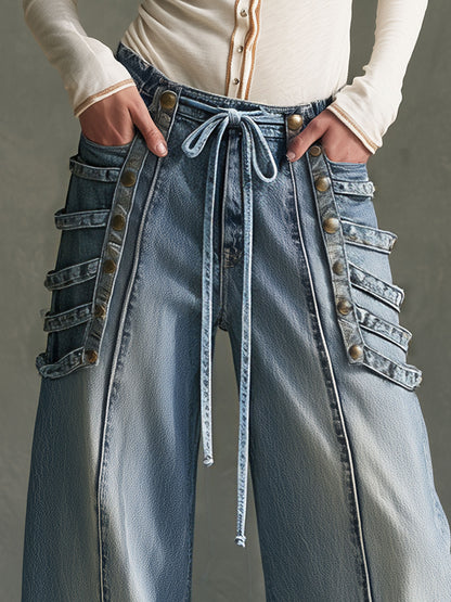Military-style Retro Studded Lace-up Washed Blue Jeans