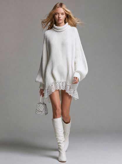 Retro Elegant White Turtleneck Loose Knitted Lace Hem Mini Dress
