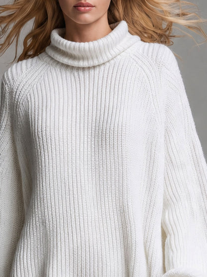 Retro Elegant White Turtleneck Loose Knitted Lace Hem Mini Dress
