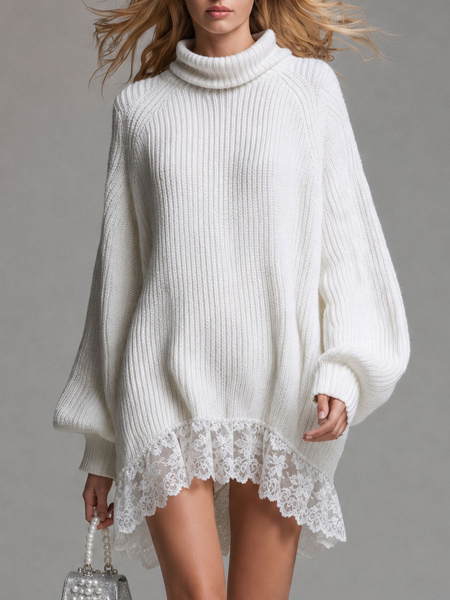 Retro Elegant White Turtleneck Loose Knitted Lace Hem Mini Dress