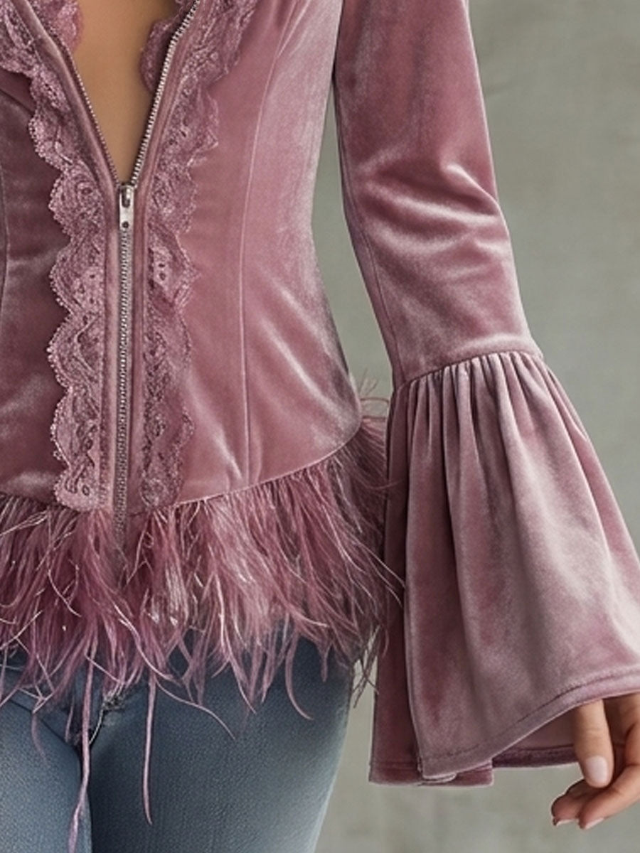 Retro-elegant Pink Velvet Lace-trimmed Bell Sleeve Feather Hem Shirt