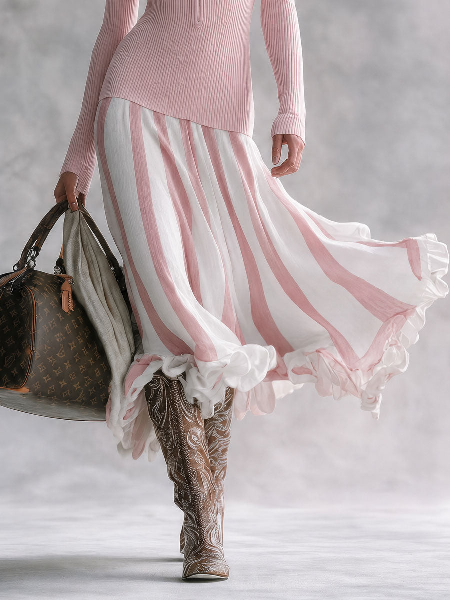 retro-elegant-pink-v-neck-knitted-striped-chiffon-ruffled-maxi-dress - Oyrosy