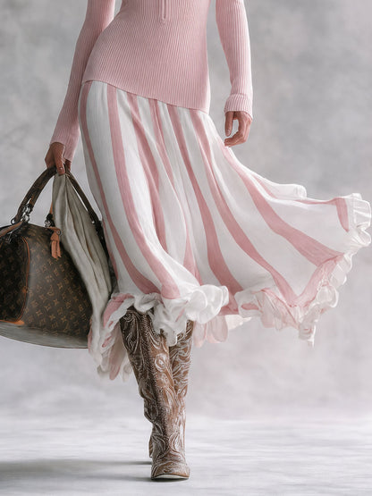 retro-elegant-pink-v-neck-knitted-striped-chiffon-ruffled-maxi-dress - Oyrosy