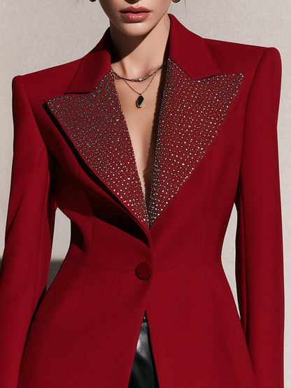 Casual And Elegant Rhinestone Collar Red Slim-fit Blazer