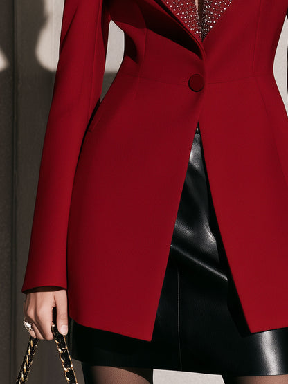 Casual And Elegant Rhinestone Collar Red Slim-fit Blazer