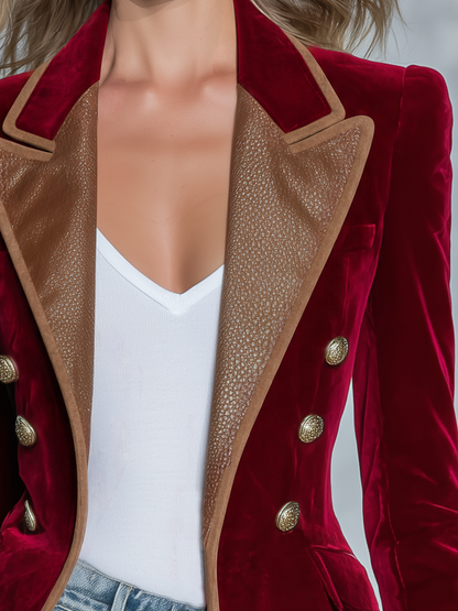 Retro-casual PU Leather Collared Velvet Jacket