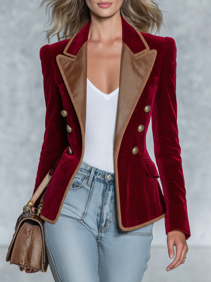 Retro-casual PU Leather Collared Velvet Jacket