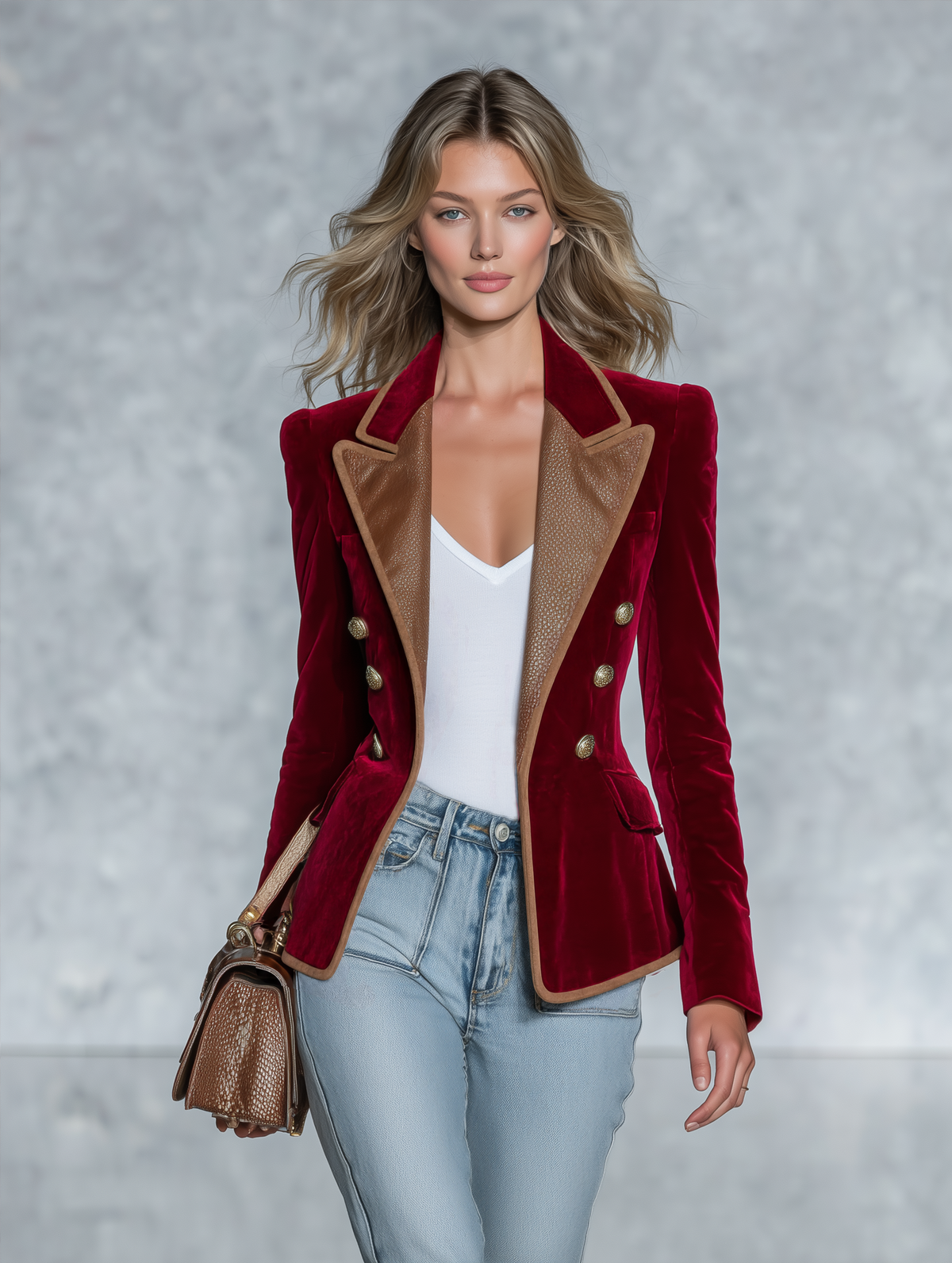 Retro-casual PU Leather Collared Velvet Jacket