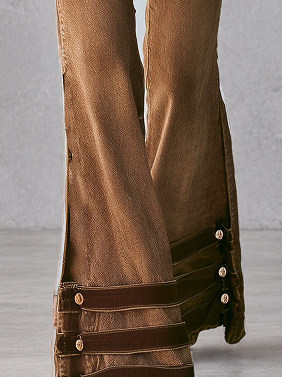 Vintage-style Brown Military-inspired Flared Jeans