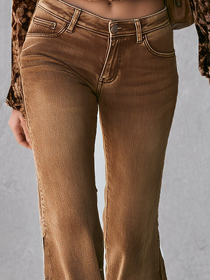 Vintage-style Brown Military-inspired Flared Jeans