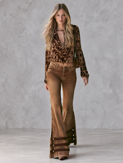Vintage-style Brown Printed Velvet Shirt