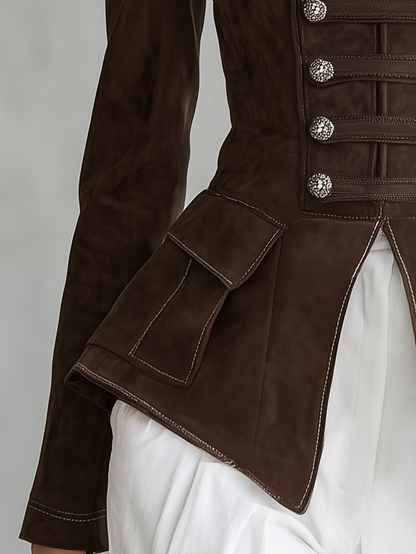 Retro-casual Military-style Double-breasted Faux Suede Jacket