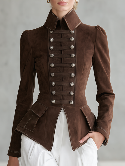 Retro-casual Military-style Double-breasted Faux Suede Jacket