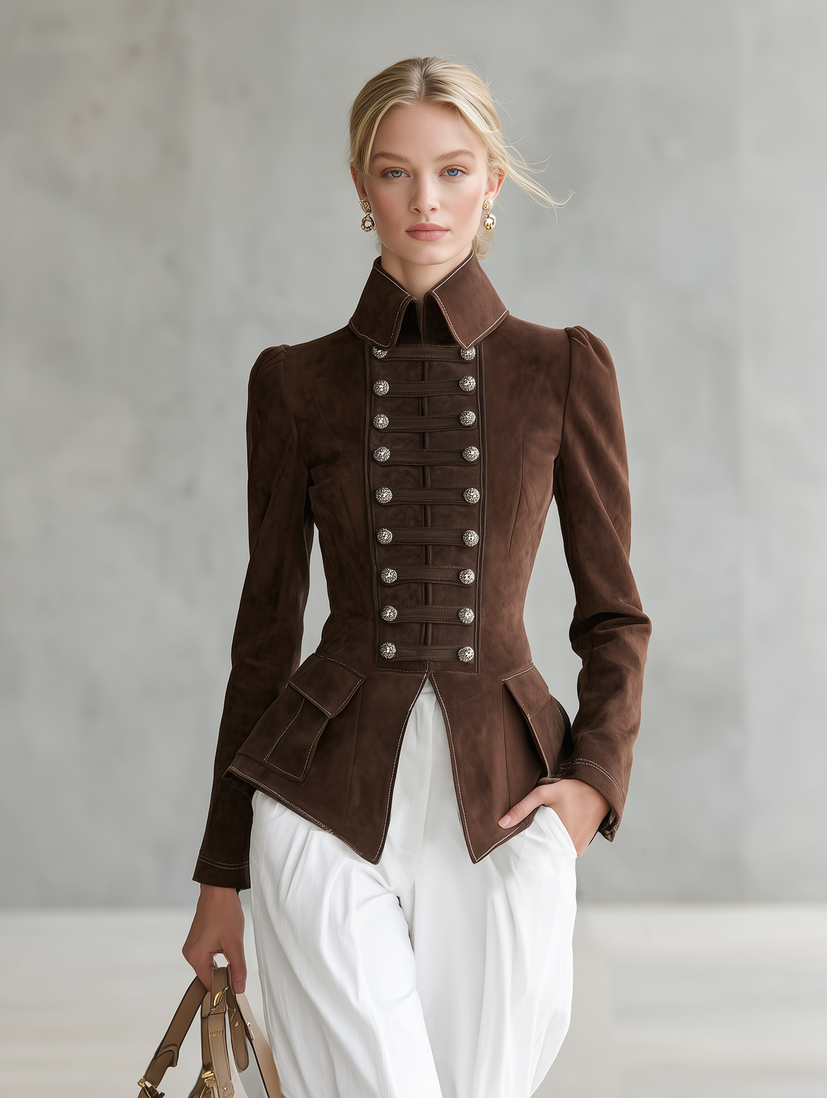 Retro-casual Military-style Double-breasted Faux Suede Jacket