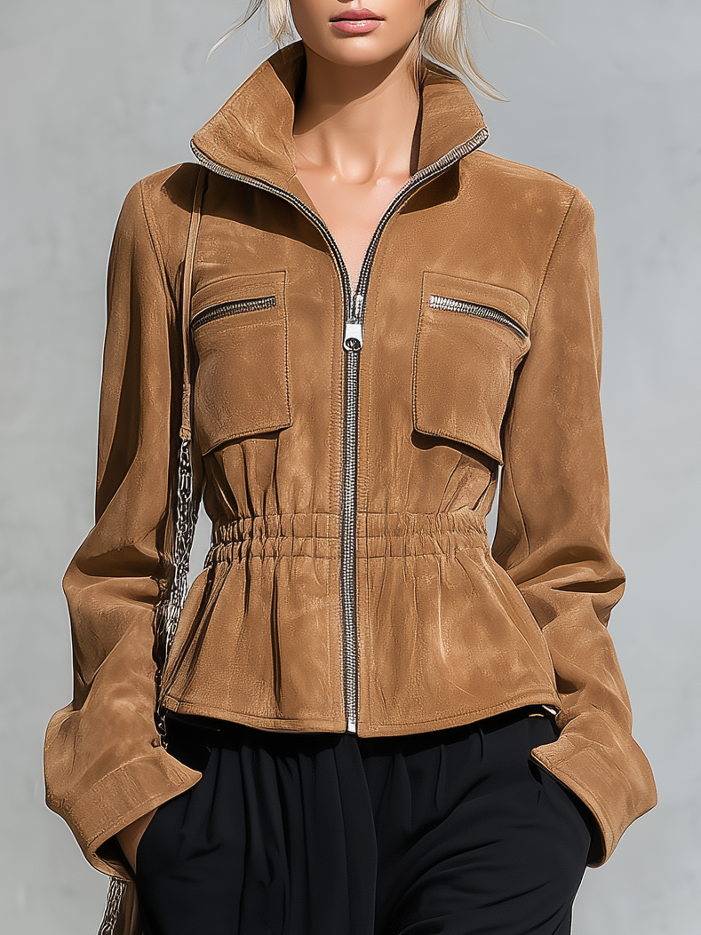 Retro-casual Faux Suede Jacket With An Elasticated Waist