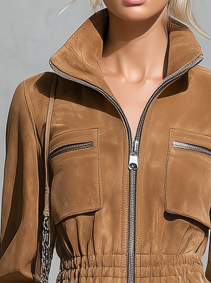 Retro-casual Faux Suede Jacket With An Elasticated Waist