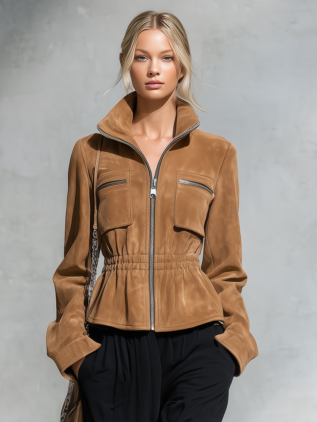 Retro-casual Faux Suede Jacket With An Elasticated Waist