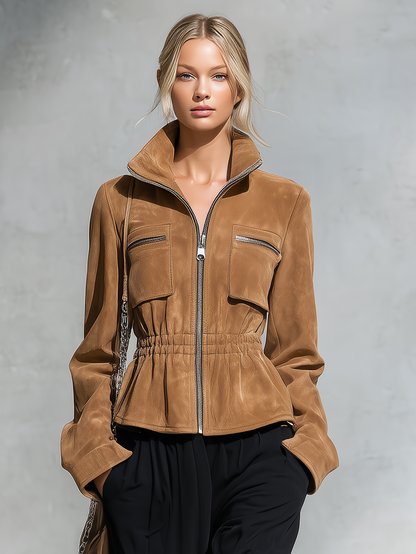 Retro-casual Faux Suede Jacket With An Elasticated Waist