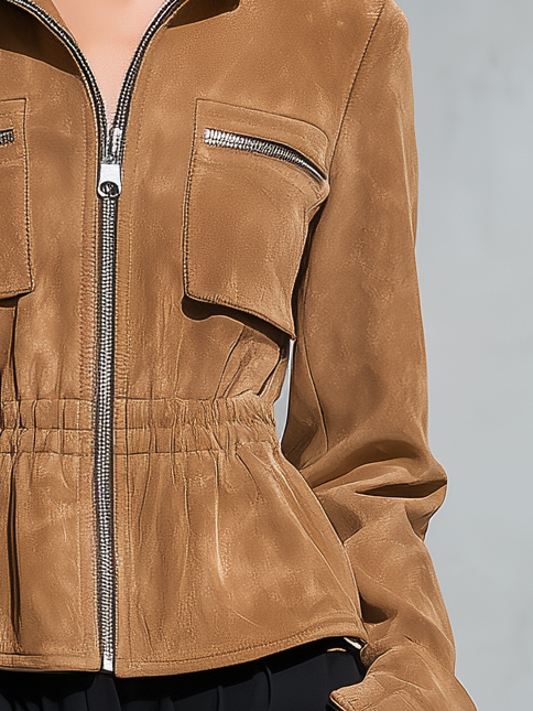 Retro-casual Faux Suede Jacket With An Elasticated Waist