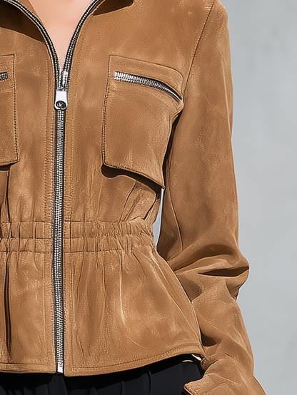 Retro-casual Faux Suede Jacket With An Elasticated Waist