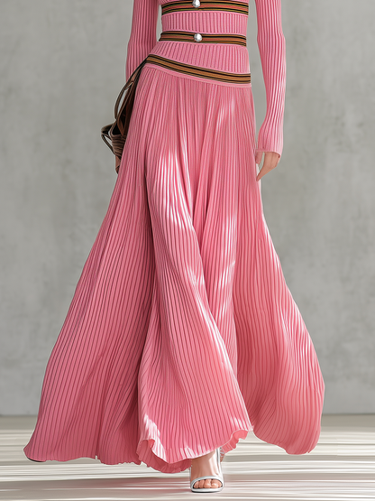Retro-casual V-neck Vertical-ribbed Knit Maxi Dress