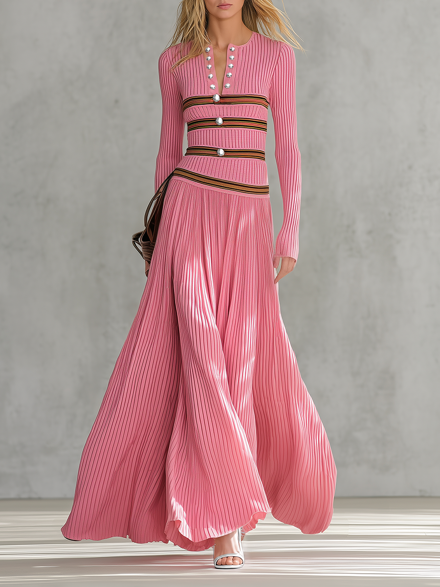Retro-casual V-neck Vertical-ribbed Knit Maxi Dress