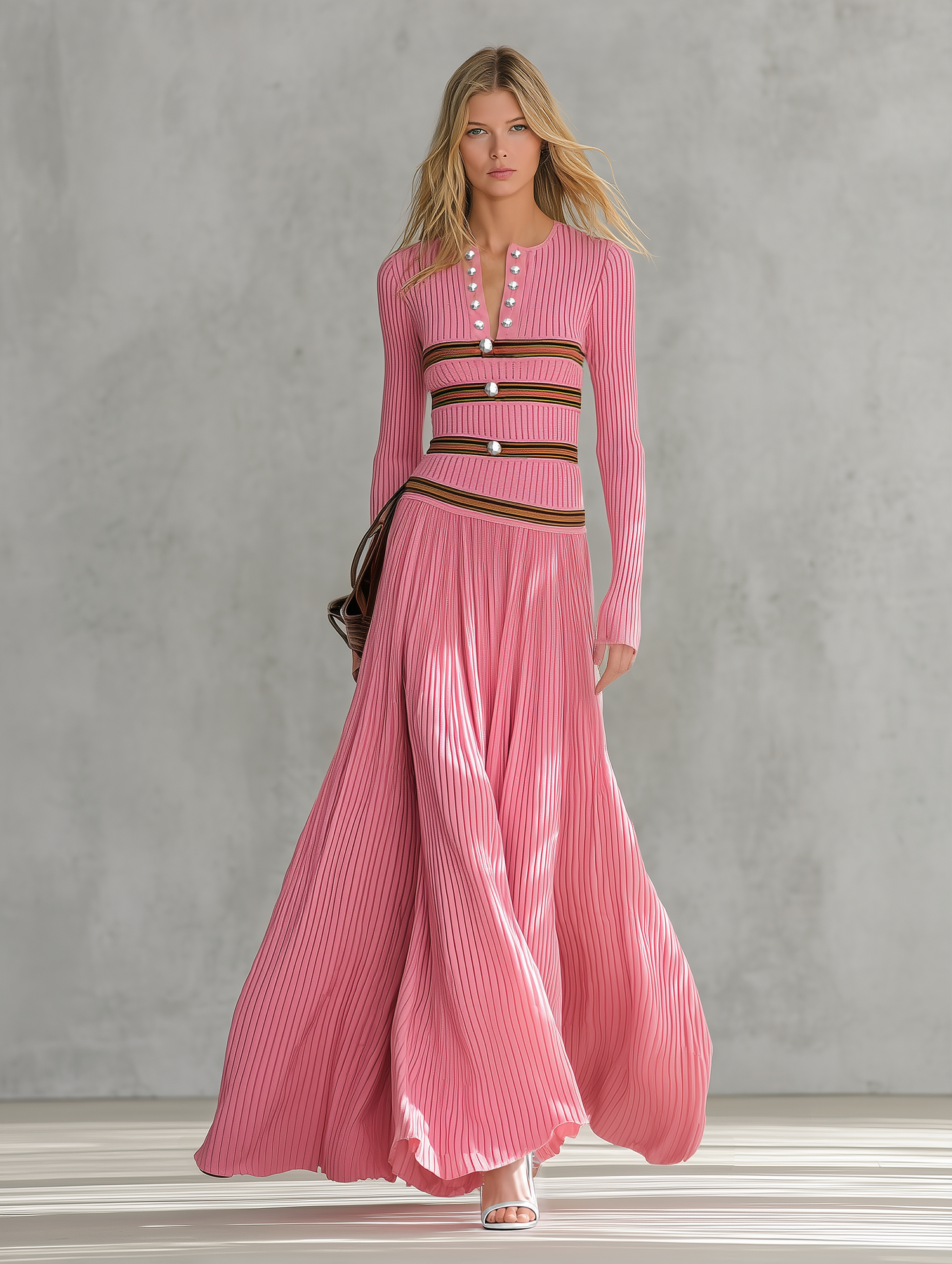 Retro-casual V-neck Vertical-ribbed Knit Maxi Dress