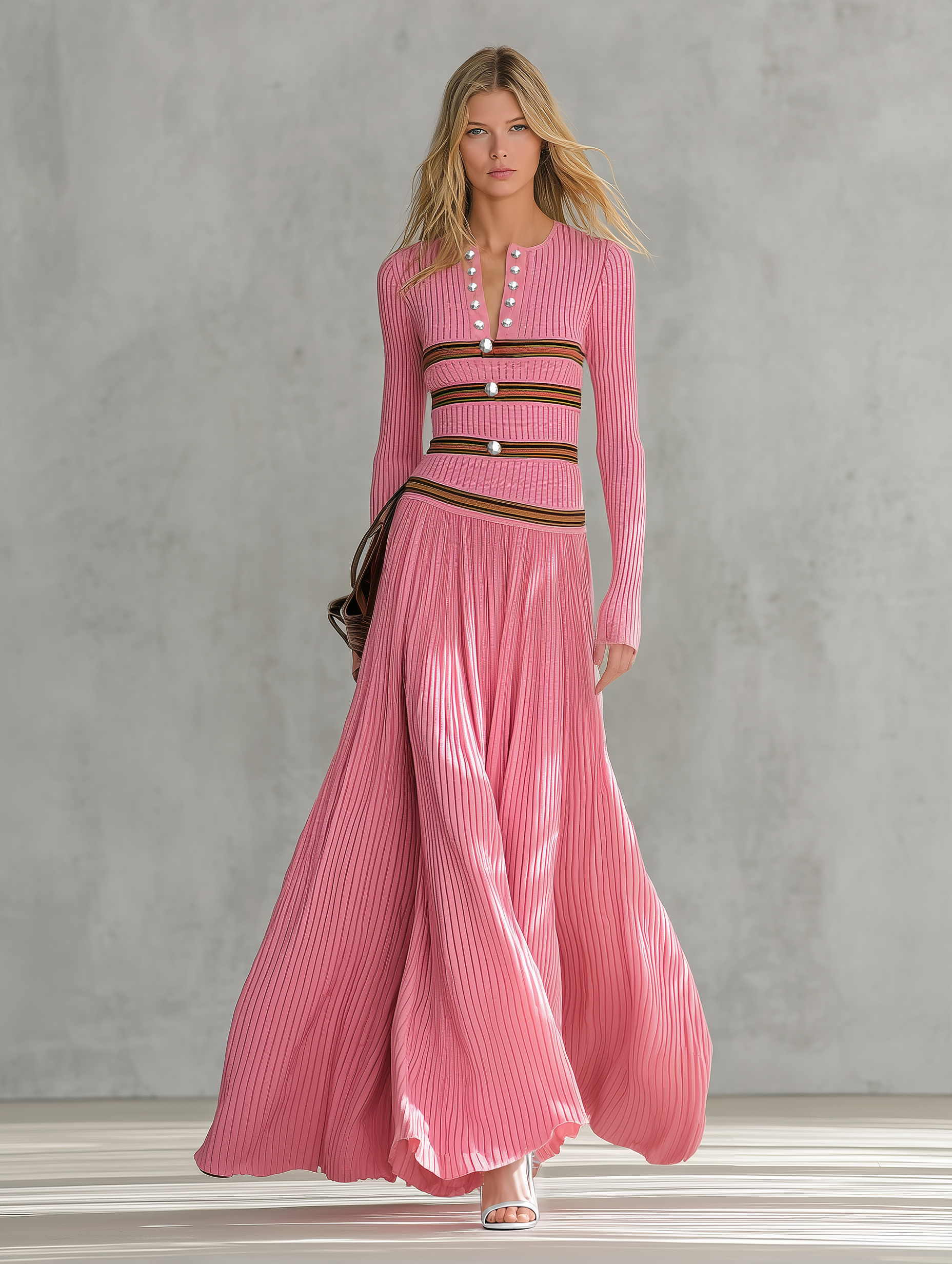 Retro-casual V-neck Vertical-ribbed Knit Maxi Dress