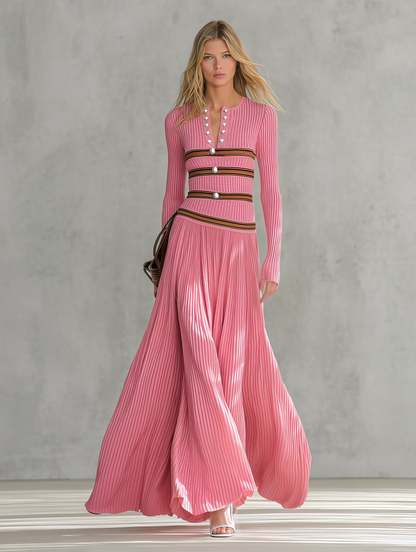 Retro-casual V-neck Vertical-ribbed Knit Maxi Dress